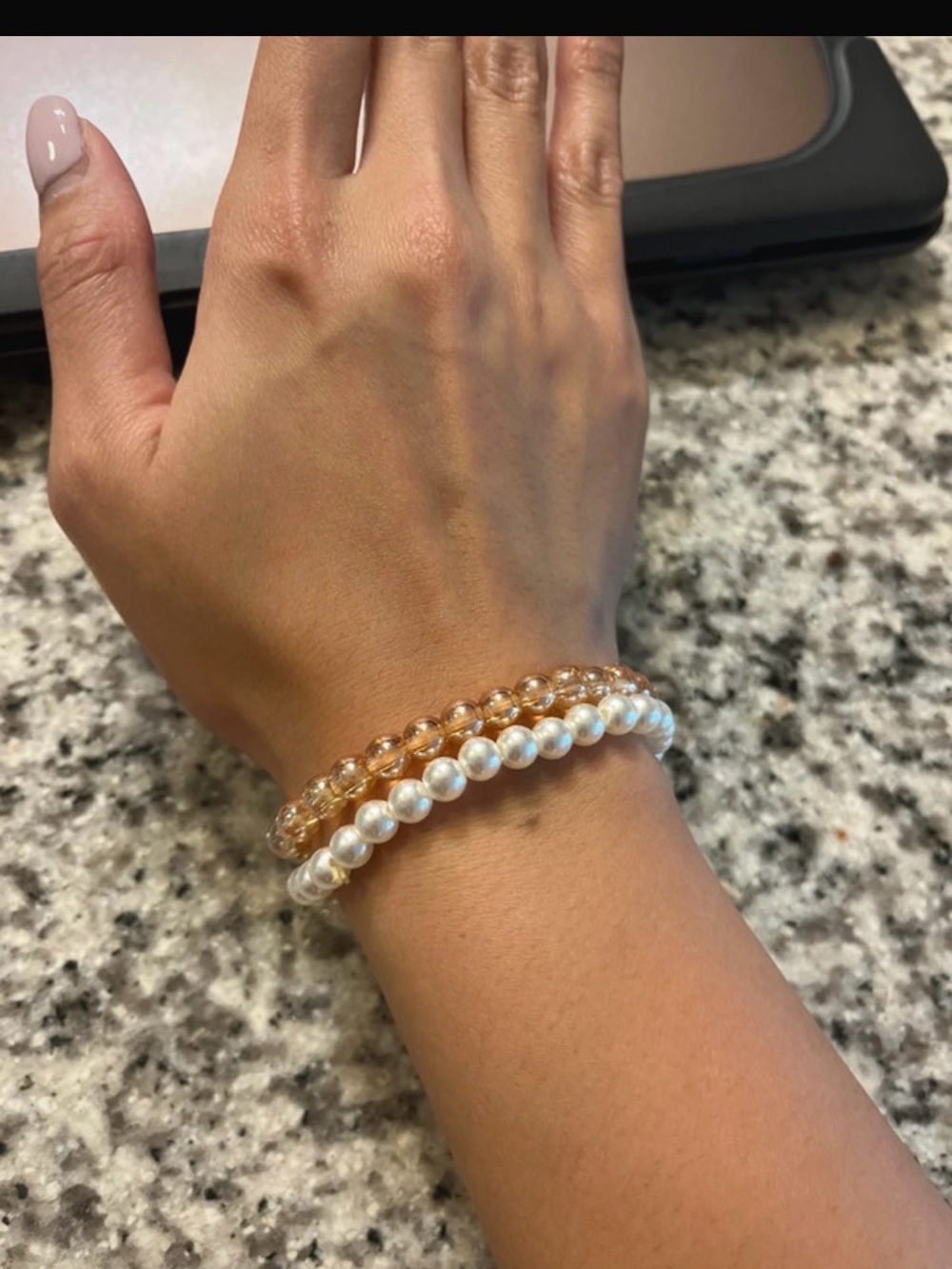 White Pearl and Amber Bead Stretch Bracelet Duo